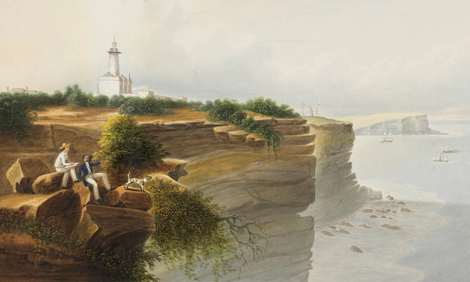 Painting of cliffs and coastline with lighthouse in the distance.