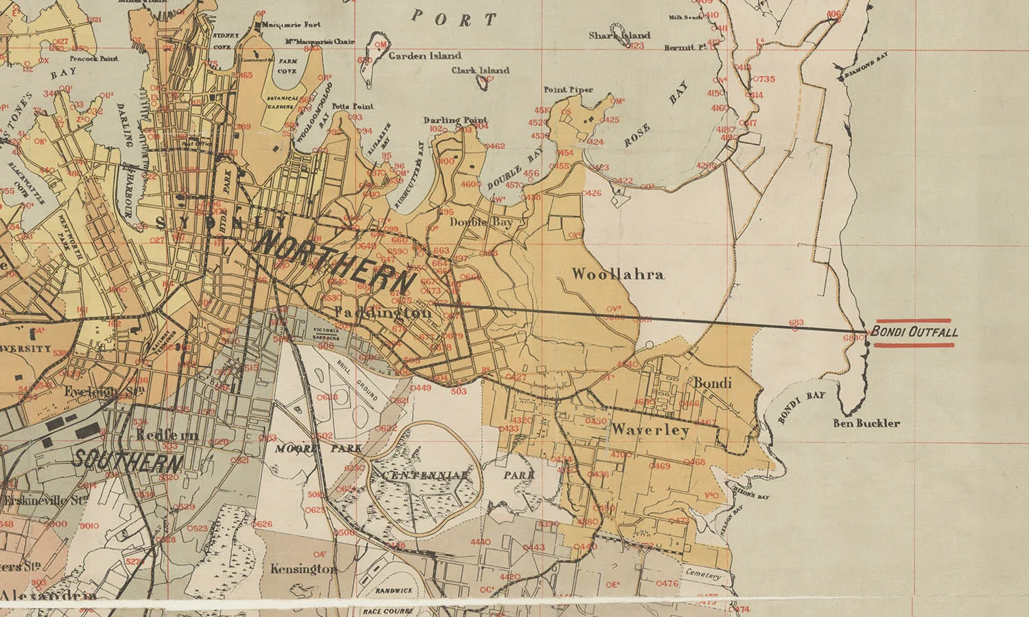 Vintage map of Sydney displaying the city layout and nearby regions, with detailed illustrations of streets and landmarks. The sewage outfall at Bondi is marked on the map.